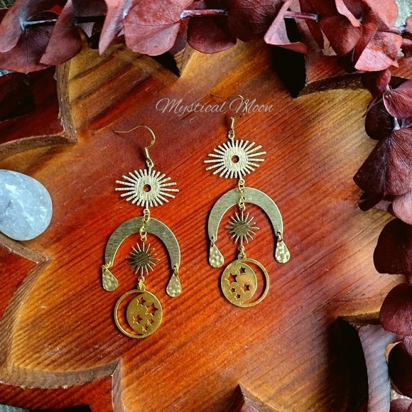 Cosmic Moon Chandelier Earrings with Sun & Moon Handmade Witchy Jewelry - Picture 5 of 5